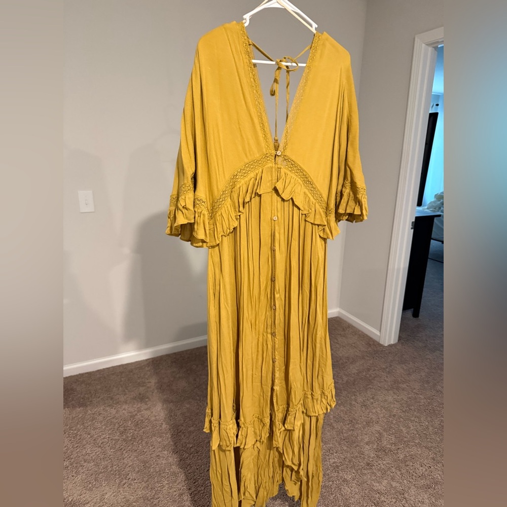 Free People Mustard Yellow Maxi Dress with Ruffle Trim
